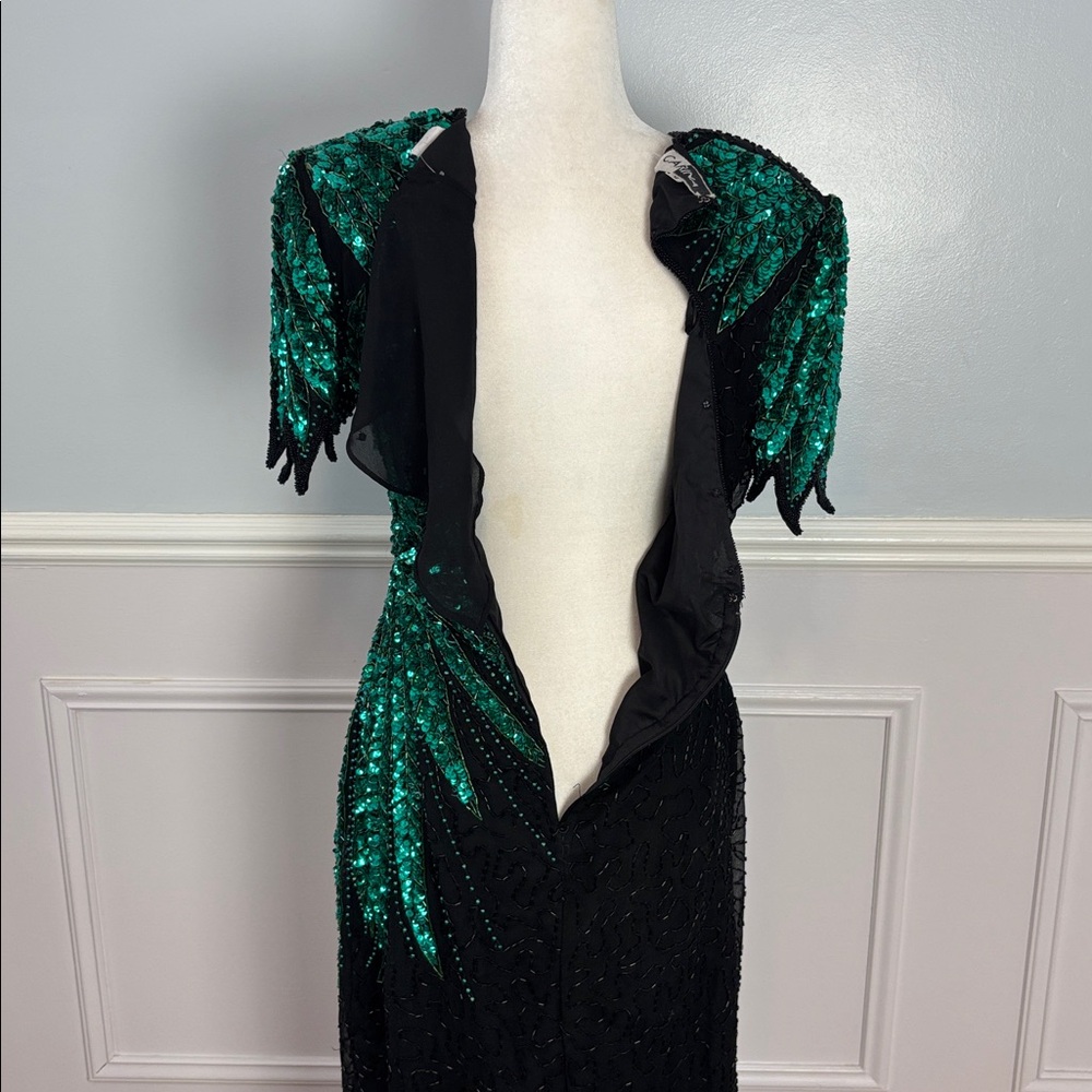 Vintage Carina Black Green Sequin Beaded Dress Size Medium 100% Silk Formal Sz M - Picture 10 of 15